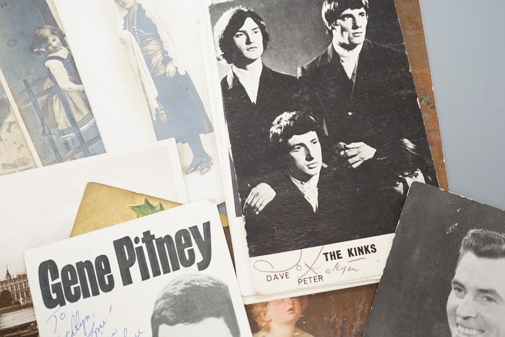 A Kinks signed postcard, Gene Pitney etc and postcards